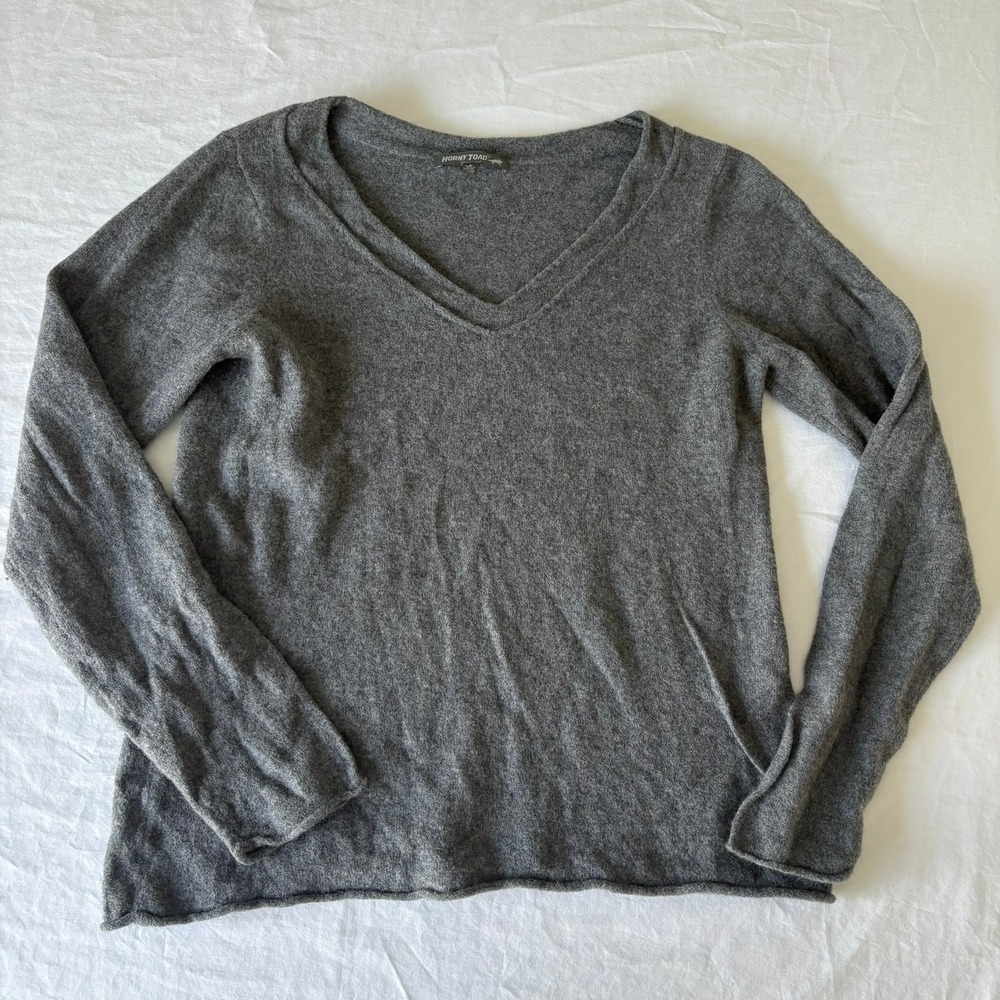 Horny Toad Gray Wool Cashmere V-Neck Sweater Blue Collar Luxe Large